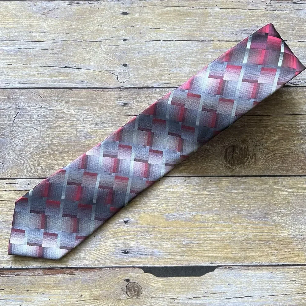 Pierre Cardin‎ Mens Geometric Plaid Tie Burgundy Grey Black Tie Chain Accessory